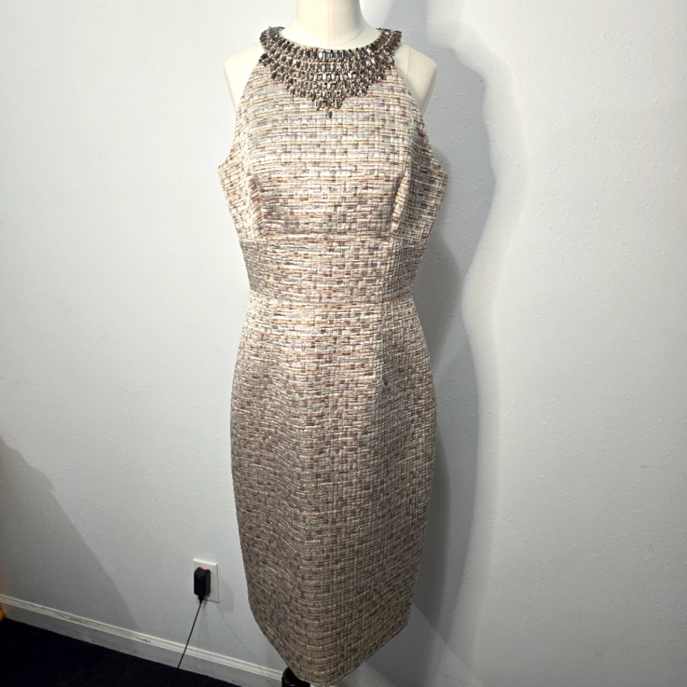 Maggy London Textured Cream Dress with Embellished Neckline